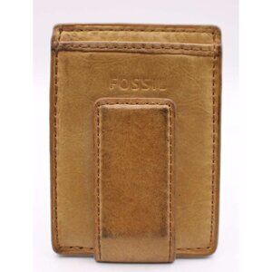 FOSSIL Leather Pocket Card Holder Wallet Tan Minimalist Slim Clip Style Men Used